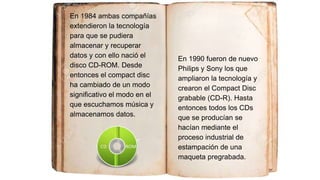 En 1984 ambas compañías
extendieron la tecnología
para que se pudiera
almacenar y recuperar
datos y con ello nació el
disco CD-ROM. Desde
entonces el compact disc
ha cambiado de un modo
significativo el modo en el
que escuchamos música y
almacenamos datos.
En 1990 fueron de nuevo
Philips y Sony los que
ampliaron la tecnología y
crearon el Compact Disc
grabable (CD-R). Hasta
entonces todos los CDs
que se producían se
hacían mediante el
proceso industrial de
estampación de una
maqueta pregrabada.
 