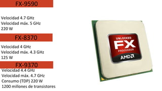 Velocidad 4.7 GHz
Velocidad máx. 5 GHz
220 W
Velocidad 4 GHz
Velocidad máx. 4.3 GHz
125 W
Velocidad 4.4 GHz
Velocidad máx. 4.7 GHz
Consumo (TDP) 220 W
1200 millones de transistores
FX-9590
FX-8370
FX-9370
 