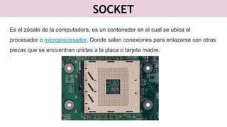 SOCKET
Es el zócalo de la computadora, es un contenedor en el cual se ubica el
procesador o microprocesador. Donde salen conexiones para enlazarse con otras
piezas que se encuentran unidas a la placa o tarjeta madre.
 