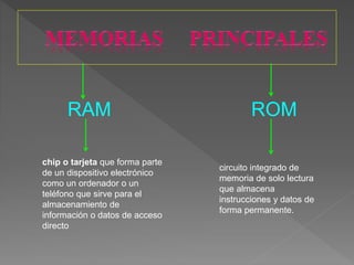 RAM ROM
chip o tarjeta que forma parte
de un dispositivo electrónico
como un ordenador o un
teléfono que sirve para el
almacenamiento de
información o datos de acceso
directo
circuito integrado de
memoria de solo lectura
que almacena
instrucciones y datos de
forma permanente.
 