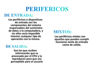 Los periféricos o dispositivos
de entrada son los
componentes del sistema
responsables del suministro
de datos a la computadora, y
sin ellos sería imposible
intentar cualquier tipo de
operación con la misma.
Son los que reciben
información que es
procesada por el CPU y la
reproducen para que sea
perceptible para el usuario
Los periféricos mixtos son
aquellos que pueden cumplir
funciones tanto de entrada
como de salida.
 