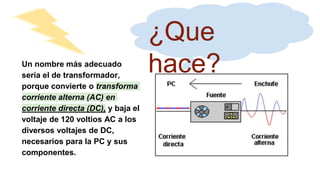 Un nombre más adecuado
sería el de transformador,
porque convierte o transforma
corriente alterna (AC) en
corriente directa (DC), y baja el
voltaje de 120 voltios AC a los
diversos voltajes de DC,
necesarios para la PC y sus
componentes.
¿Que
hace?
 