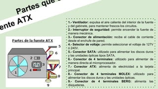 1.- Ventilador: expulsa el aire caliente del interior de la fuente
y del gabinete, para mantener frescos los circuitos.
2.- Interruptor de seguridad: permite encender la fuente de
manera mecánica.
3.- Conector de alimentación: recibe el cable de corriente
desde el enchufe de pared.
4.- Selector de voltaje: permite seleccionar el voltaje de 127V
ó 240V.
5.- Conector SATA: utilizado para alimentar los discos duros
y las unidades ópticas tipos SATA.
6.- Conector de 4 terminales: utilizado para alimentar de
manera directa al microprocesador.
7.- Conector ATX: alimenta de electricidad a la tarjeta
principal.
8.- Conector de 4 terminales MOLEX: utilizado para
alimentar los discos duros y las unidades ópticas.
9.- Conector de 4 terminales BERG: alimenta las
disqueteras.
 