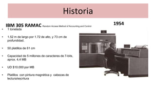 Historia
IBM 305 RAMAC Random Access Method of Accounting and Control
1954
• 1 tonelada
• 1.52 m de largo por 1.72 de alto, y 73 cm de
profundidad.
• 50 platillos de 61 cm
• Capacidad de 5 millones de caracteres de 7-bits,
aprox. 4,4 MB
• UD $10.000 por MB
• Platillos con pintura magnética y cabezas de
lectura/escritura
 