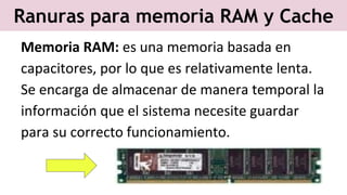 Ranuras para memoria RAM y Cache
Memoria RAM: es una memoria basada en
capacitores, por lo que es relativamente lenta.
Se encarga de almacenar de manera temporal la
información que el sistema necesite guardar
para su correcto funcionamiento.
 