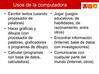 Usos de la computadora Escribir textos (usando procesador de palabras)  Hacer gráficas y dibujos (con procesador de palabras, graficadores o programas de dibujo)  Calcular (programas con base de datos, calculadora)  Jugar (juegos educativos, de habilidades, de razonamiento, entre otros)  Encontrar información (Internet, base de datos con investigaciones)  Comunicarse con cualquier parte del mundo (Internet, otros). 