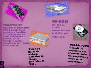 CD-ROM
TARJETA DE            Unidad de
VIDEO Y SONIDO        discos
Placa electrónica     compactos que
permite visualizar    trabajan con
el trabajo que se
esta realizando a     velocidad.
través de un
monitor, sonido
permite crear audio
en el equipo.
 