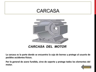 CARCASA

La carcasa es la parte donde se encuentra la caja de bornes y protege al usuario de
posibles accidentes físicos.
Por lo general de acero fundido, sirve de soporte y protege todos los elementos del
motor.
Volver

 