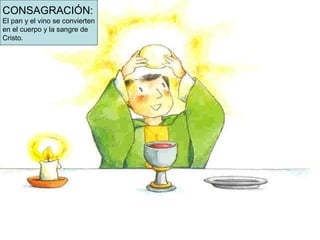 CONSAGRACIÓN:
El pan y el vino se convierten
en el cuerpo y la sangre de
Cristo.
 