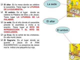  El altar. Es la mesa donde se celebra
la eucaristía. Tiene lugar la LITURGIA
DE LA EUCARISTÍA.
 El ambón. Es el lugar donde se
celebra la Palabra de Dios y de Jesús.
Tiene lugar LA LITURGIA DE LA
PALABRA.
 La sede. Es el sitio donde el sacerdote
preside la asamblea e invita a la
oración. Tiene lugar el RITO DE
INTRODUCCIÓN Y EL RITO DE
CONCLUSIÓN.
 La Cruz. Es la señal de los cristianos.
En ella murió Jesús.
 El Sagrario. Es el lugar donde se
guarda a Jesús en el PAN
EUCARÍSTICO. La presencia de Jesús
nos lo indica una pequeña luz roja.
La sede
El altar
El ambón
 