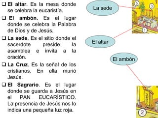  El altar. Es la mesa donde
se celebra la eucaristía.
 El ambón. Es el lugar
donde se celebra la Palabra
de Dios y de Jesús.
 La sede. Es el sitio donde el
sacerdote preside la
asamblea e invita a la
oración.
 La Cruz. Es la señal de los
cristianos. En ella murió
Jesús.
 El Sagrario. Es el lugar
donde se guarda a Jesús en
el PAN EUCARÍSTICO.
La presencia de Jesús nos lo
indica una pequeña luz roja.
La sede
El altar
El ambón
 