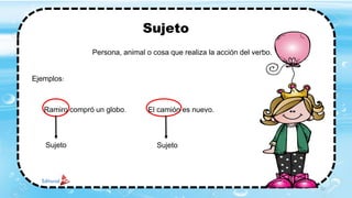 Sujeto
Persona, animal o cosa que realiza la acción del verbo.
Ejemplos:
Ramiro compró un globo. El camión es nuevo.
SujetoSujeto
22
 