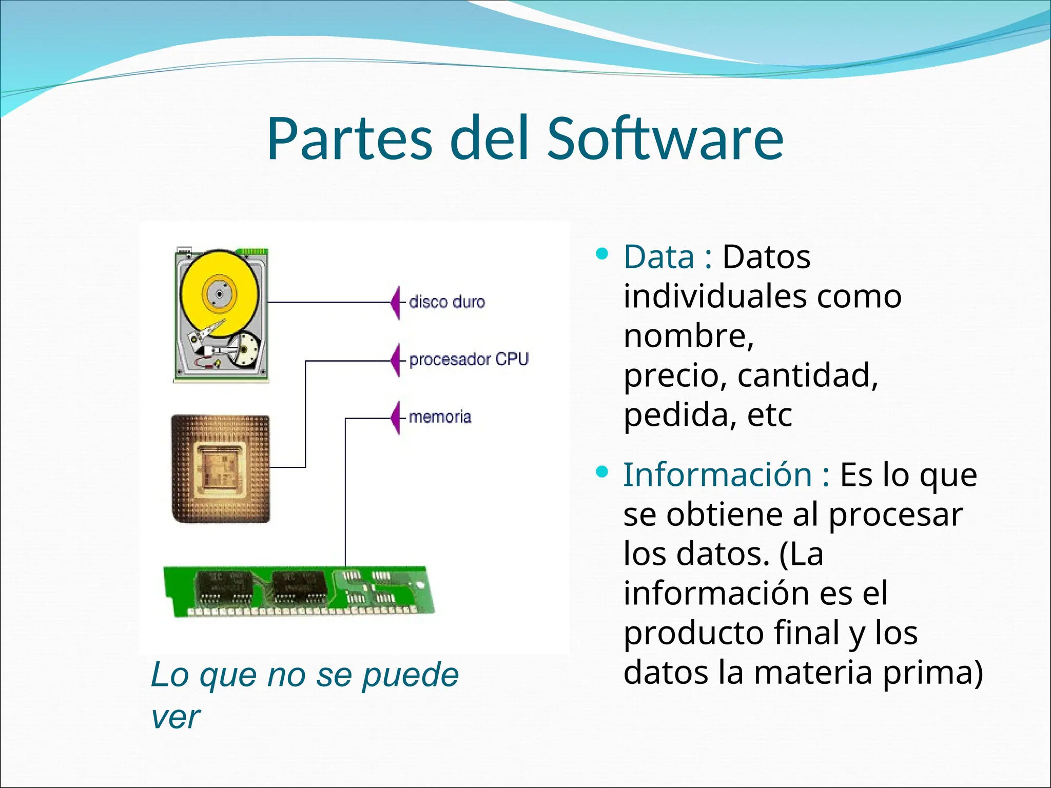 Partes del Software
 Data : Datos
individuales como
nombre,
precio, cantidad,
pedida, etc
 Información : Es lo que
se obtiene al procesar
los datos. (La
información es el
producto final y los
datos la materia prima)
Lo que no se puede
ver
 