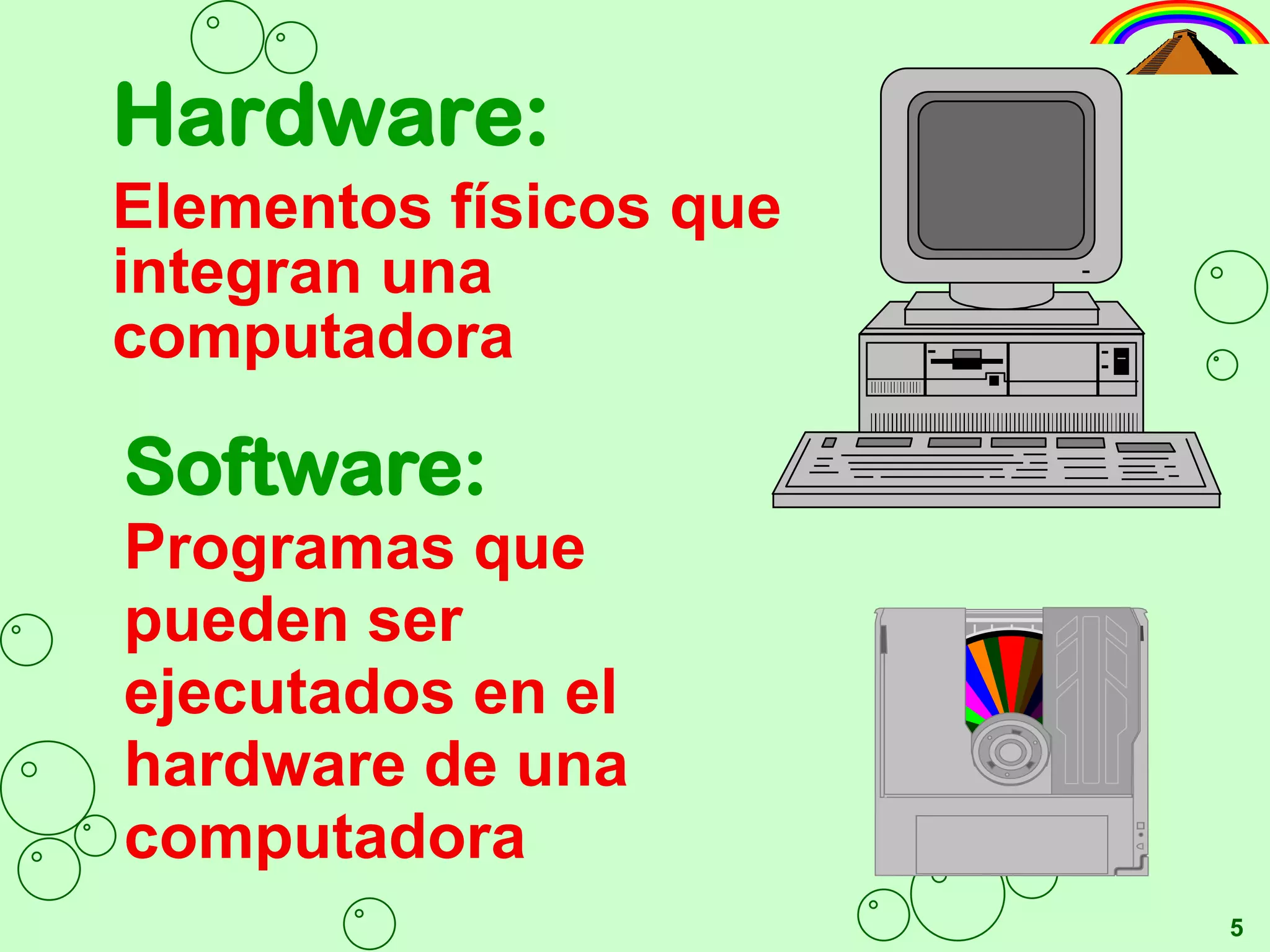 Hardware:Elementos físicos que integran una computadoraSoftware:Programas que pueden ser ejecutados en el hardware de una computadora5
