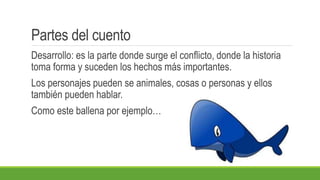 Partes del cuento
Desarrollo: es la parte donde surge el conflicto, donde la historia
toma forma y suceden los hechos más importantes.
Los personajes pueden se animales, cosas o personas y ellos
también pueden hablar.
Como este ballena por ejemplo…
 