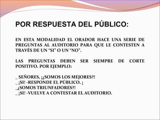 POR RESPUESTA DEL PÚBLICO:
EN ESTA MODALIDAD EL ORADOR HACE UNA SERIE DE
PREGUNTAS AL AUDITORIO PARA QUE LE CONTESTEN A
TRAVÉS DE UN “SI” O UN “NO”.
LAS PREGUNTAS DEBEN SER SIEMPRE DE CORTE
POSITIVO. POR EJEMPLO:
_ SEÑORES, ¡¿SOMOS LOS MEJORES?!
_ ¡SI! -RESPONDE EL PÚBLICO. ¡
_¿SOMOS TRIUNFADORES?!
_ ¡SI! -VUELVE A CONTESTAR EL AUDITORIO.
 