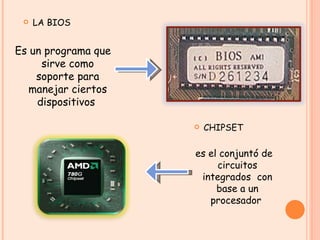 Es un programa que sirve como soporte para manejar ciertos dispositivos  LA BIOS CHIPSET es el conjuntó de circuitos integrados  con base a un procesador  