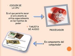 PROCESADOR  COOLER DE LA CPU TARJETA DE AUDIO  Es componente del computador  Es el que permite sacar el aire aliente se utiliza especialmente en las fuentes de poder  