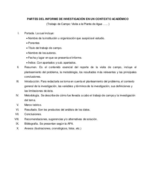 Partes del informe de trabajo de campo