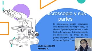 Microscopio y sus
partes
El microscopio óptico compuesto
con iluminación en campo claro, su
sistema óptico dispone de dos o más
lentes de aumento. Estructuralmente
un microscopio se divide en dos
partes: el soporte (parte mecánica), y
el sistema óptico. (Lascano, 2018).
Vivas Alexandra
Primero A
 