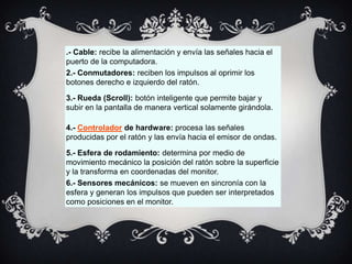 .- Cable: recibe la alimentación y envía las señales hacia el
puerto de la computadora.
2.- Conmutadores: reciben los impulsos al oprimir los
botones derecho e izquierdo del ratón.
3.- Rueda (Scroll): botón inteligente que permite bajar y
subir en la pantalla de manera vertical solamente girándola.
4.- Controlador de hardware: procesa las señales
producidas por el ratón y las envía hacia el emisor de ondas.
5.- Esfera de rodamiento: determina por medio de
movimiento mecánico la posición del ratón sobre la superficie
y la transforma en coordenadas del monitor.
6.- Sensores mecánicos: se mueven en sincronía con la
esfera y generan los impulsos que pueden ser interpretados
como posiciones en el monitor.

 