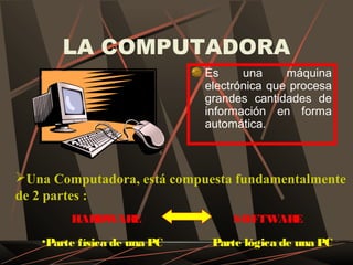 LA COMPUTADORA
                             Es     una     máquina
                             electrónica que procesa
                             grandes cantidades de
                             información en forma
                             automática.



Una Computadora, está compuesta fundamentalmente
de 2 partes :
        HARDWARE                  SOFTWARE
   •Parte física de una PC    Parte lógica de una PC
 