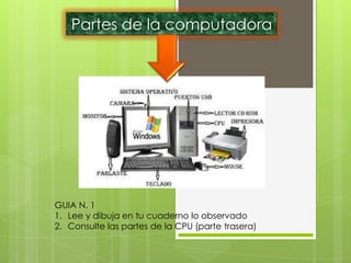 Partes de la computadora

GUIA N. 1
1. Lee y dibuja en tu cuaderno lo observado
2. Consulte las partes de la CPU (parte trasera)

 