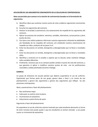 APLICACIÓN DE LOS ARGUMENTOS CONVINCENTES EN LA SOLUCUON DE CONTROVERCIAS.
Ideas secuenciales para avanzar en la solución de controversias basadas en la formulación de
argumentos.
1. Identificar ideas que sustentas nuestro punto de vista y elaborar argumentes convincentes
válidos.
2. Escuchar los argumentos del contrario.
3. Analizar la veracidad, la pertinencia y las aseveraciones de respaldo de los argumentos del
contrario.
4. Aplicar los procesos de considerar: extremos, variables, alternativas, consecuencias y ptros
puntos de vista.
5. Con base a ese análisis podemos reformular nuestros argumentos refutando las debilidades
y/o falsedades de los respaldos del contrario, y/o ampliando nuestras aseveraciones de
respaldo con ideas producto de los pasos 3 y 4.
6. Evitar las discusiones sin sentido, divergentes y desorganizadas que no llevan a resultados
útiles.
7. Evitar las discusiones sin sentido, divergentes y desorganizadas que no llevan a resultados
útiles.
8. Identificar y centrarse en la variable o aspecto que se discute; evitar mantener diálogos
sobre variables diferentes.
9. Finalmente, reconoce que no es siempre posible cambiar el punto de vista del contrario, y
que ganamos al aplicar o modificar nuestros puntos de vista con las justificaciones
razonables y validas planteadas durante el dialogo.
EJEMPLO:
Un grupo de directores de escuela planteo que debería suspenderse el uso de uniforme.
Suponiendo que formas parte de ese grupo, genera ideas a favor y en contra de ese
planteamiento y genera dos argumentos y genera dos argumentos que reflejan las dos
posiciones contrapuestas.
Ideas y aseveraciones a favor del planteamiento:
Nos sentiríamos mejor
Cada quien se vestiría como le plazca
Incrementaría el autoestima
Induciríamos nuestra forma de vestir.
Argumento a favor del planteamiento:
Al suspenderse el uso de uniformes estarían haciendo que cada estudiante demuestre su forma
de vestir inclusive esto puede ayudar a que los estudiantes se sientan cómodos y eso puede
causar un incremento de autoestima.

 