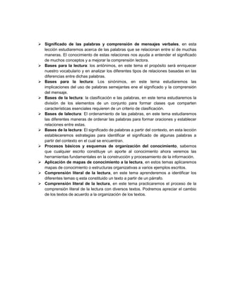  Significado de las palabras y comprensión de mensajes verbales, en esta
lección estudiaremos acerca de las palabras que se relacionan entre sí de muchas
maneras. El conocimiento de estas relaciones nos ayuda a entender el significado
de muchos conceptos y a mejorar la comprensión lectora.
 Bases para la lectura: los antónimos, en este tema el propósito será enriquecer
nuestro vocabulario y en analizar los diferentes tipos de relaciones basadas en las
diferencias entre dichas palabras.
 Bases para la lectura: Los sinónimos, en este tema estudiaremos las
implicaciones del uso de palabras semejantes ene el significado y la comprensión
del mensaje.
 Bases de la lectura: la clasificación e las palabras, en este tema estudiaremos la
división de los elementos de un conjunto para formar clases que comparten
características esenciales requieren de un criterio de clasificación.
 Bases de lalectura: El ordenamiento de las palabras, en este tema estudiaremos
las diferentes maneras de ordenar las palabras para formar oraciones y establecer
relaciones entre estas.
 Bases de la lectura: El significado de palabras a partir del contexto, en esta lección
estableceremos estrategias para identificar el significado de algunas palabras a
partir del contexto en el cual se encuentran.
 Procesos básicos y esquemas de organización del conocimiento, sabemos
que cualquier escrito constituye un aporte al conocimiento ahora veremos las
herramientas fundamentales en la construcción y procesamiento de la información.
 Aplicación de mapas de conocimiento a la lectura, en estos temas aplicaremos
mapas de conocimiento o estructuras organizativas a varios ejemplos escritos.
 Comprensión literal de la lectura, en este tema aprenderemos a identificar los
diferentes temas q esta constituido un texto a partir de un párrafo.
 Comprensión literal de la lectura, en este tema practicaremos el proceso de la
comprensión literal de la lectura con diversos textos. Podremos apreciar el cambio
de los textos de acuerdo a la organización de los textos.

 