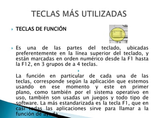 TECLAS DE FUNCIÓNEs una de las partes del teclado, ubicadas preferentemente en la línea superior del teclado, y están marcadas en orden numérico desde la F1 hasta la F12, en 3 grupos de a 4 teclas.La función en particular de cada una de las teclas, corresponde según la aplicación que estemos usando en ese momento y este en primer plano, como también por el sistema operativo en uso, también son usadas un juegos y todo tipo de software. La más estandarizada es la tecla F1, que en casi todas las aplicaciones sirve para llamar a la función de ayuda.TECLAS MÁS UTILIZADAS