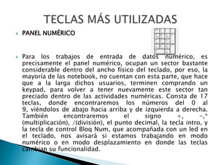 PANEL NUMÉRICOPara los trabajos de entrada de datos numérico, es precisamente el panel numérico, ocupan un sector bastante considerable dentro del ancho físico del teclado, por eso, la mayoría de las notebook, no cuentan con esta parte, que hace que a la larga dichos usuarios, terminen comprando un keypad, para volver a tener nuevamente este sector tan preciado dentro de las actividades numéricas. Consta de 17 teclas, donde encontraremos los números del 0 al 9, viéndolos de abajo hacia arriba y de izquierda a derecha. También encontraremos el signo +, -,* (multiplicación), /(división), el punto decimal, la tecla intro, y la tecla de control BloqNum, que acompañada con un led en el teclado, nos avisará si estamos trabajando en modo numérico o en modo desplazamiento en donde las teclas cambian su funcionalidad.TECLAS MÁS UTILIZADAS