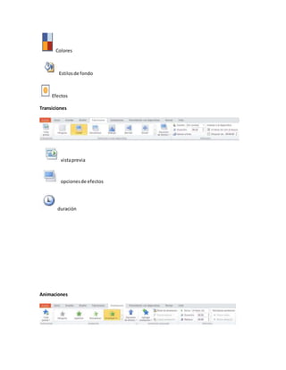Colores
Estilosde fondo
Efectos
Transiciones
vistaprevia
opcionesde efectos
duración
Animaciones
 
