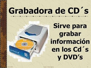 Grabadora de CD´s
                               Sirve para
                                 grabar
                              información
                               en los Cd´s
                                y DVD’s
10/18/2012   Sandra I. Taboas Figueroa   11
 