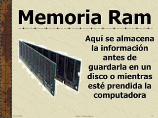 Memoria Ram
                          Aquí se almacena
                            la información
                                antes de
                           guardarla en un
                          disco o mientras
                           esté prendida la
                             computadora

10/18/2012   Sandra I. Taboas Figueroa    18
 