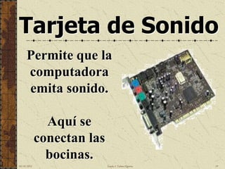 Tarjeta de Sonido
     Permite que la
     computadora
     emita sonido.

               Aquí se
             conectan las
               bocinas.
10/18/2012                  Sandra I. Taboas Figueroa   19
 