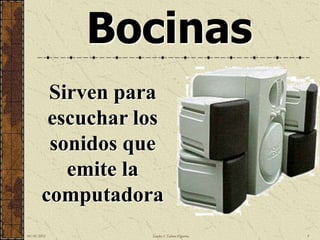 Bocinas
        Sirven para
        escuchar los
        sonidos que
          emite la
       computadora
10/18/2012        Sandra I. Taboas Figueroa   9
 