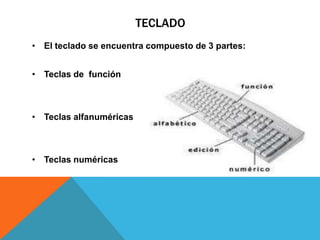 TECLADO
• El teclado se encuentra compuesto de 3 partes:
• Teclas de función
• Teclas alfanuméricas
• Teclas numéricas
 