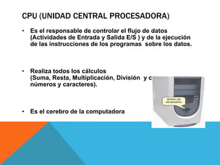 CPU (UNIDAD CENTRAL PROCESADORA)
• Es el responsable de controlar el flujo de datos
(Actividades de Entrada y Salida E/S ) y de la ejecución
de las instrucciones de los programas sobre los datos.
• Realiza todos los cálculos
(Suma, Resta, Multiplicación, División y compara
números y caracteres).
• Es el cerebro de la computadora
 