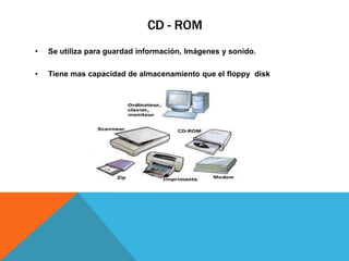 CD - ROM
• Se utiliza para guardad información, Imágenes y sonido.
• Tiene mas capacidad de almacenamiento que el floppy disk
 