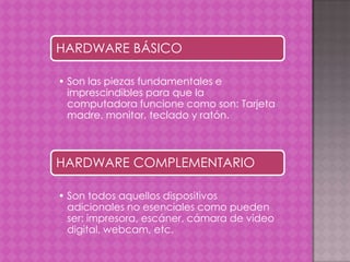 HARDWARE BÁSICO
• Son las piezas fundamentales e
imprescindibles para que la
computadora funcione como son: Tarjeta
madre, monitor, teclado y ratón.

HARDWARE COMPLEMENTARIO
• Son todos aquellos dispositivos
adicionales no esenciales como pueden
ser: impresora, escáner, cámara de vídeo
digital, webcam, etc.

 