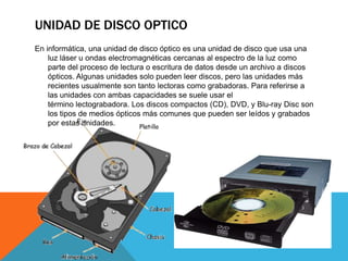 UNIDAD DE DISCO OPTICO
En informática, una unidad de disco óptico es una unidad de disco que usa una
luz láser u ondas electromagnéticas cercanas al espectro de la luz como
parte del proceso de lectura o escritura de datos desde un archivo a discos
ópticos. Algunas unidades solo pueden leer discos, pero las unidades más
recientes usualmente son tanto lectoras como grabadoras. Para referirse a
las unidades con ambas capacidades se suele usar el
término lectograbadora. Los discos compactos (CD), DVD, y Blu-ray Disc son
los tipos de medios ópticos más comunes que pueden ser leídos y grabados
por estas unidades.

 