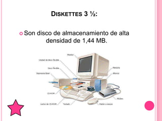 DISKETTES 3 ½:

 Son   disco de almacenamiento de alta
           densidad de 1,44 MB.
 