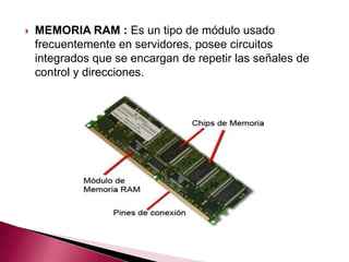    MEMORIA RAM : Es un tipo de módulo usado
    frecuentemente en servidores, posee circuitos
    integrados que se encargan de repetir las señales de
    control y direcciones.
 