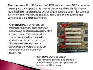 Ranuras vesa: En 1992 el comité VESA de la empresa NEC crea esta
ranura para dar soporte a las nuevas placas de video. Es fácilmente
identificable en la placa base debido a que consiste de un ISA con una
extensión color marrón, trabaja a 32 bits y con una frecuencia que
varia desde 33 a 40 megahercios.

RANURAS PCI : es un bus de
ordenador estándar para conectar
dispositivos periféricos directamente a
su placa base. Estos dispositivos
pueden ser circuitos integrados
ajustados en ésta (los llamados
"dispositivos planares" en la
especificación PCI) o tarjetas de
expansión que se ajustan en
conectores.
                        RANURAS AGP: se utilizan
                        especialmente para tarjetas graficas
                        AGP. comienza a ser reemplazadas por
                        las ranuras PCI express.
 