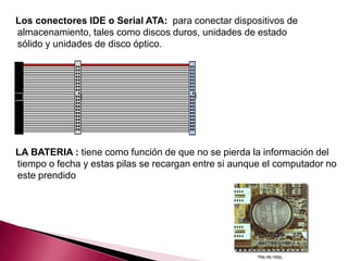 Los conectores IDE o Serial ATA: para conectar dispositivos de
almacenamiento, tales como discos duros, unidades de estado
sólido y unidades de disco óptico.




LA BATERIA : tiene como función de que no se pierda la información del
tiempo o fecha y estas pilas se recargan entre si aunque el computador no
este prendido
 