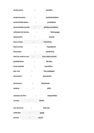 alicate punta : tip pliers
alicatemecanico : mechanical pliers
destornilladorplano : screwdriver
destornilladorestrella : phillipsscrewdriver
calibrador de laminas : feelergauge
torquimetro : wrench
llavesmixtas : mixedkeys
llavescorona : ring spanner
llavesboca : mouth keys
llave de rueda encruz : cross wheel wrench
gatahidráulica : flat files
limas redonda : round files
lijas fina : fine sandpaper
alexometro : alexometro
densímetro : densimeter
taladros : drills
extractor de filtro : exhaustfilter
cinceles : chisels
arco de sierra : bow saw
calibrador : gauge
punzon : punch
 