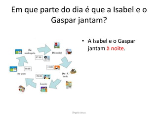 Em que parte do dia é que a Isabel e o
Gaspar jantam?
• A Isabel e o Gaspar
jantam à noite.

Ângela Jesus

 
