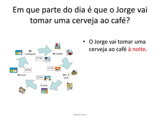 Em que parte do dia é que o Jorge vai
tomar uma cerveja ao café?
• O Jorge vai tomar uma
cerveja ao café à noite.

Ângela Jesus

 
