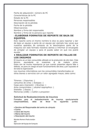 Fecha de adquisición: número de PC
Características de la PC
Estado de la PC
Personas responsables
Descripción de la pérdida
Fecha de la pérdida
Observaciones
Nombre y firma del responsable
Nombre y firma de la persona que reporta
•ELABORAR FORMATOS DE REPORTE DE BAJA DE
EQUIPOS.
Este reporte como el mismo nombre lo dice es para reportar y dar
de baja un equipo o parte de un equipo por ejemplo hay veces que
nuestros aparatos de computo se le descompone parte de la
maquina con este formato nosotros damos a informar al encargado
de arreglar un equipo y para él pueda saber en qué nos podrá
ayudar
• REALIZAR FORMATOS DE REPORTE DE FALLAS DE
LOS INSUMOS
El insumo es un bien consumible utilizado en la producción de otro bien. Este
término,    equivalente    en    ocasiones     al    de    materia     prima.
Estos son de mucha importancia ya que cuando presentan alguna falla o
defecto, se pone en riesgo el buen funcionamiento del área y por supuesto el
de toda la organización.
Los insumos informáticos son los consumibles transformados en
otros bienes o servicios con un valor agregado mayor, tales como:


Tóneres: | Espumas: |
cartuchos de cinta: | Estopas: |
hojas para impresión: | Brochas: |
Aires comprimidos: | alcohol isopropílico: |
Diskette: | Discos: |
Memorias (USB): | Cañón o proyector:

Solicitud de Reabastecimiento de Insumos
Formatos para        el     reabastecimiento de insumos oportunamente
(responsabilidad),        debe    de     llevar los siguientes puntos:


v Nombre del Responsable del centro de cómputo
v Fecha
v Clave del insumo
v Marca del insumo
v Descripción del insumo
Morales Romero Paola Jocelyn                                         Grupo:
203
Operación del Equipo de Computo
 