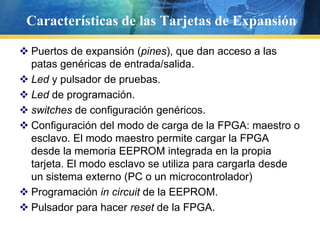 Características de las Tarjetas de ExpansiónPuertos de expansión (pines), que dan acceso a las patas genéricas de entrada/salida. Ledy pulsador de pruebas.Led de programación.switchesde configuración genéricos.Configuración del modo de carga de la FPGA: maestro o esclavo. El modo maestro permite cargar la FPGA desde la memoria EEPROM integrada en la propia tarjeta. El modo esclavo se utiliza para cargarla desde un sistema externo (PC o un microcontrolador) Programación in circuit de la EEPROM. Pulsador para hacer reset de la FPGA. 
